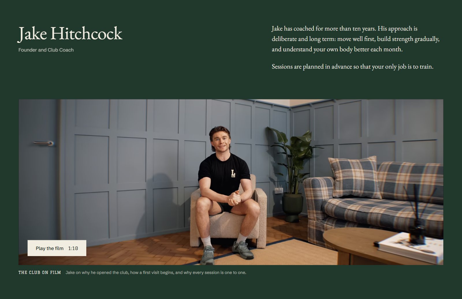 The founder section of The Ludorum Club homepage: Jake Hitchcock's name and bio on bottle green, above the club film paused on a still of Jake in the lounge with a Play the film button.