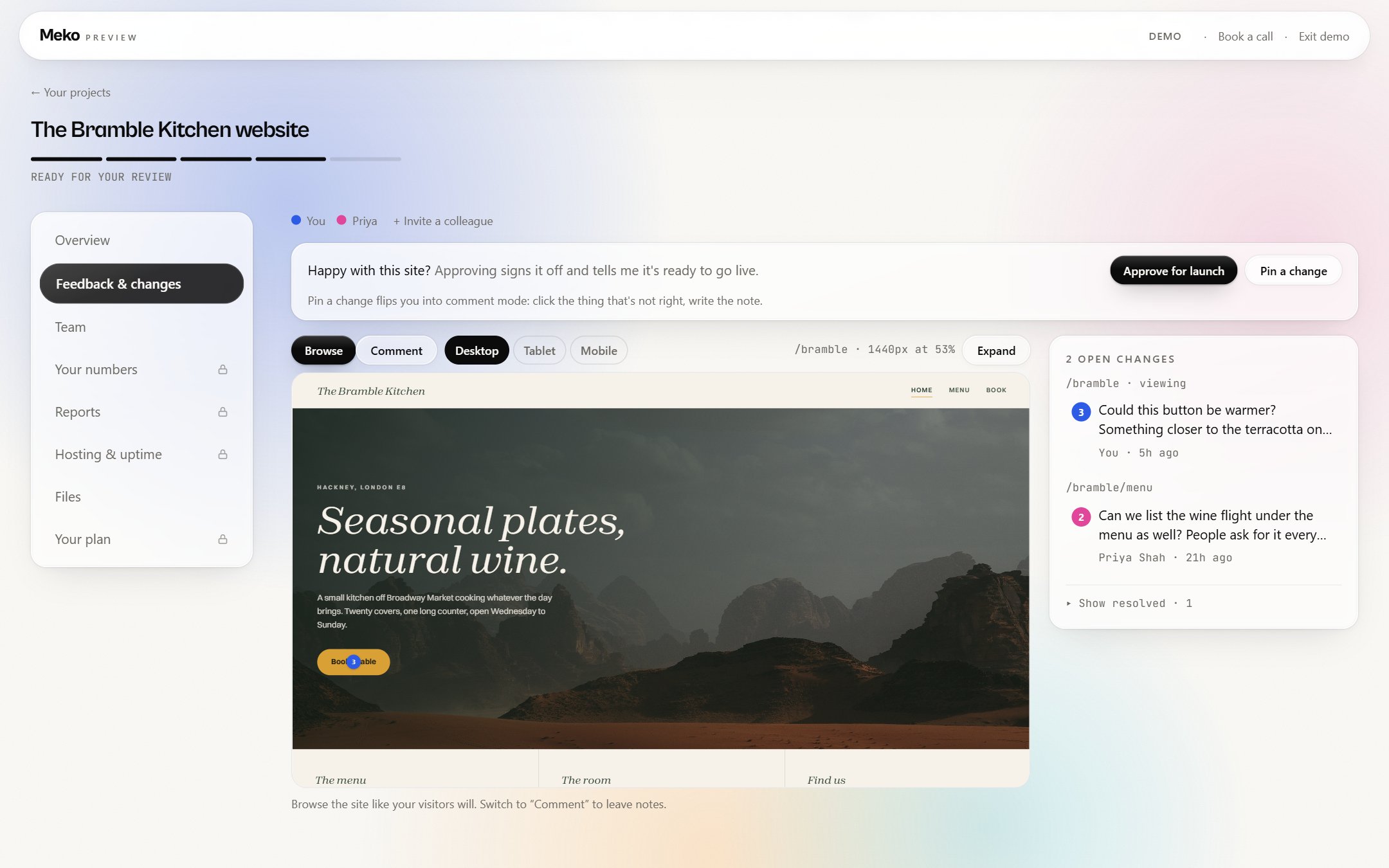 The Meko portal demo: a sample project open in the feedback workspace, with the live preview, pinned comments and the approve-for-launch bar