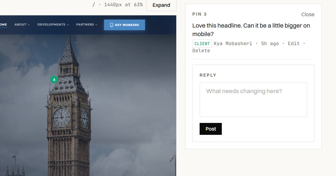 A numbered pin on the design and its open comment thread in the Meko portal, with a reply box to say what needs changing
