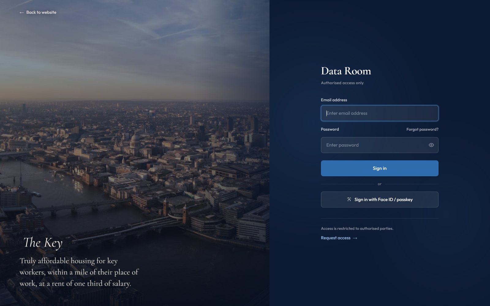 The Key data room sign-in screen: authorised access only, with email and password fields and a Face ID or passkey option.